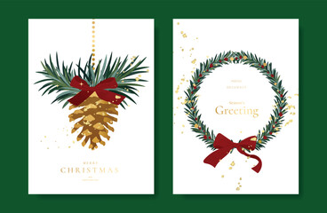 Plakat Christmas and Happy holiday greeting card vector set with Red and Green ornamental. Elegant wallpaper with pine leaves, pinecone, christmas tree, wreath. Holidays design illustration for cover, print.