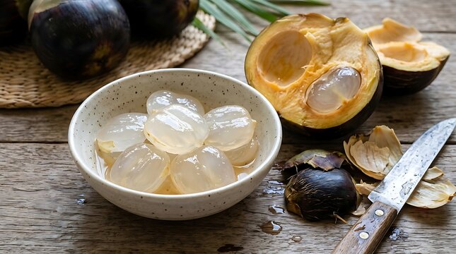 Fresh soursop fruit seeds in bowl with cut open fruit and knife on