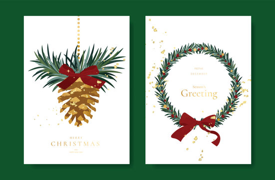 Christmas and Happy holiday greeting card vector set with Red and Green ornamental. Elegant wallpaper with pine leaves, pinecone, christmas tree, wreath. Holidays design illustration for cover, print.