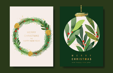 Fototapeta na wymiar Christmas and Happy holiday greeting card vector set with Red and Green ornamental. Elegant wallpaper with pine leaves, pinecone, christmas tree, wreath. Holidays design illustration for cover, print.