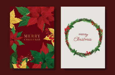 Fototapeta na wymiar Christmas and Happy holiday greeting card vector set with Red and Green ornamental. Elegant wallpaper with pine leaves, pinecone, christmas tree, wreath. Holidays design illustration for cover, print.