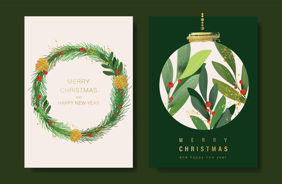 Christmas and Happy holiday greeting card vector set with Red and Green ornamental. Elegant wallpaper with pine leaves, pinecone, christmas tree, wreath. Holidays design illustration for cover, print.