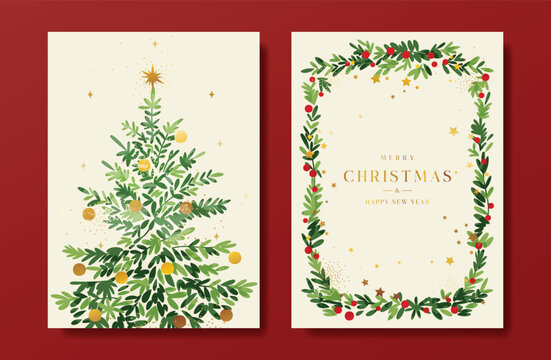 Christmas and Happy holiday greeting card vector set with Red and Green ornamental. Elegant wallpaper with pine leaves, pinecone, christmas tree, wreath. Holidays design illustration for cover, print.