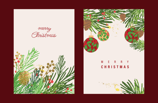 Christmas and Happy holiday greeting card vector set with Red and Green ornamental. Elegant wallpaper with pine leaves, pinecone, christmas tree, wreath. Holidays design illustration for cover, print.