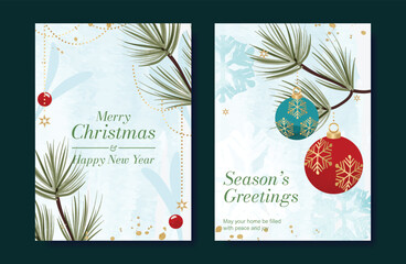 Obraz na płótnie Canvas Christmas and Happy holiday greeting card vector set with Red and Green ornamental. Elegant wallpaper with pine leaves, pinecone, christmas tree, wreath. Holidays design illustration for cover, print.