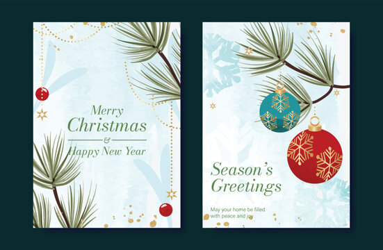 Christmas and Happy holiday greeting card vector set with Red and Green ornamental. Elegant wallpaper with pine leaves, pinecone, christmas tree, wreath. Holidays design illustration for cover, print.