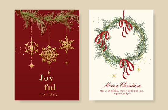 Christmas and Happy holiday greeting card vector set with Red and Green ornamental. Elegant wallpaper with pine leaves, pinecone, christmas tree, wreath. Holidays design illustration for cover, print.