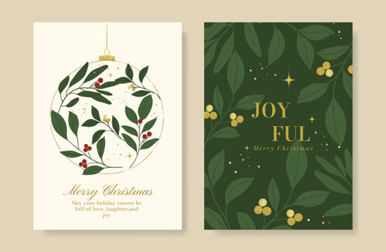 Christmas and Happy holiday greeting card vector set with Red and Green ornamental. Elegant wallpaper with pine leaves, pinecone, christmas tree, wreath. Holidays design illustration for cover, print.