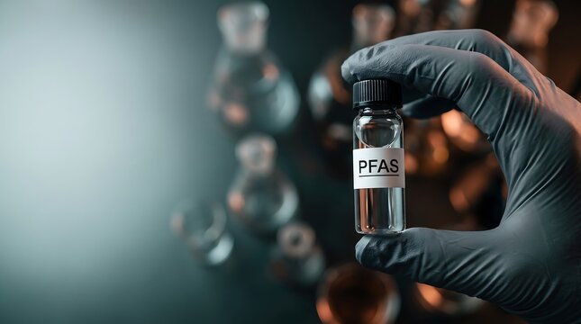 Scientist holding a liquid sample vial with PFAS label in a dark chemistry laboratory