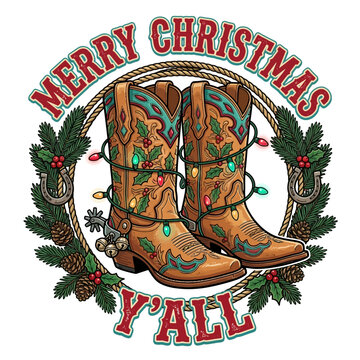 Rustic Western Cowboy Boots Decorated with Christmas Lights and Pine Wreath Holiday Design