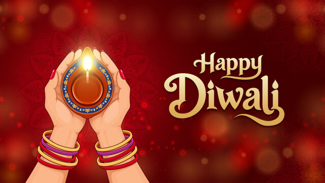 Happy Diwali Vector Illustration with Hands Holding a Glowing Traditional Oil Lamp, Ornamental Mandala, Red Festive Background, Golden Greeting Typography and Decorative Bokeh