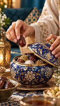 Muslim woman hand picking date fruit from ornate blue ceramic jar for ramadan kareem iftar meal celebration