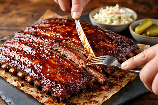A dynamic close-up shot of a rack of slow-cooked BBQ beef ribs being sliced with a knife and fork on a rustic wooden table