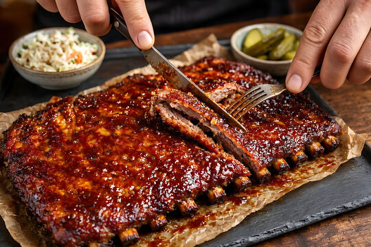 Close-up of a person cutting juicy barbecued pork ribs with a knife and fork, served with coleslaw and pickles