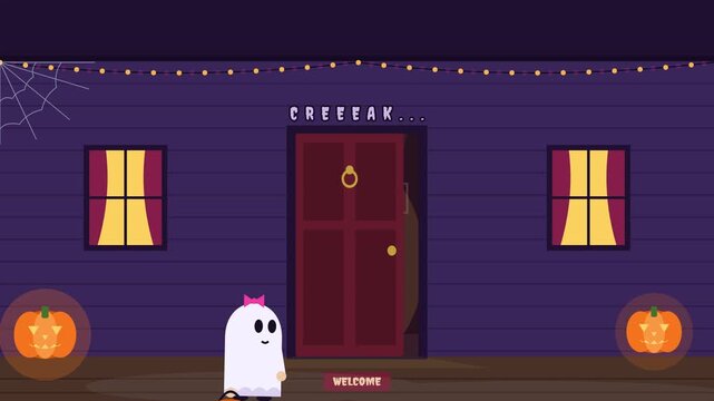 Motion graphic Cute Ghost Trick or Treating at Haunted House - Happy Halloween 