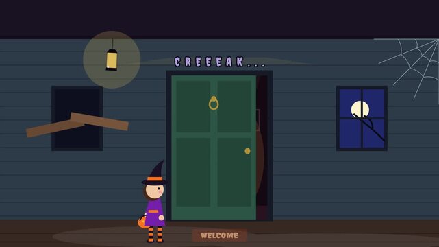 Motion graphic Cute Little Witch Trick or Treating at Haunted House Door for Halloween 