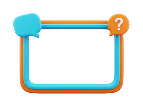 3D render of a blue and orange rectangular frame with a speech bubble and a question mark icon for communication and help concepts isolated on transparent background