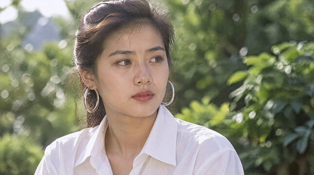 自然の中で遠くを見つめる美しい女性のポートレート