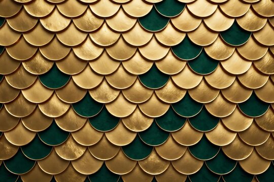Golden scallop pattern on deep emerald green background