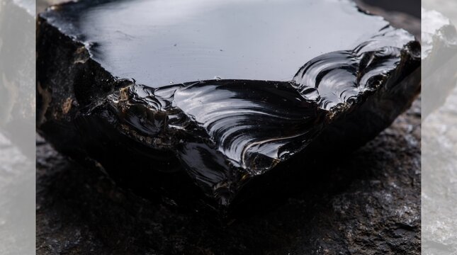 Polished black obsidian stone chunk featuring sharp conchoidal fracture patterns and glossy reflective volcanic glass surface texture