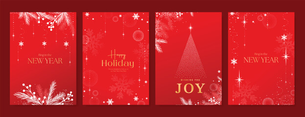 Fototapeta na wymiar Christmas Luxury Red and white happy holiday invitation card design vector. Christmas tree, snowflake, holly, firework with spot texture on red background. Design illustration for cover, print, poster