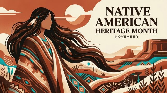Native american woman silhouette at sunset with landscape