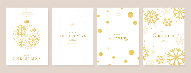 Plakat Christmas and Happy New Year card vector. Winter leaves branch, pinecone, bauble, reindeer with gold foil texture on white background. Illustration for cover, print, poster, invitation.