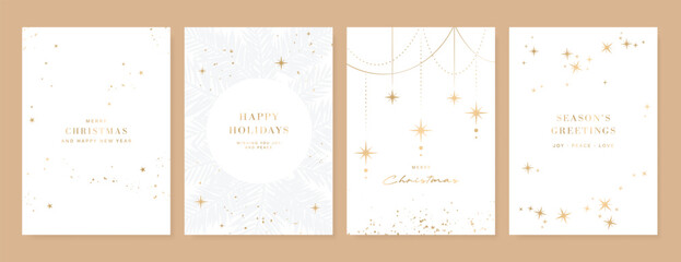 Christmas and Happy New Year card vector. Winter leaves branch, pinecone, bauble, reindeer with gold foil texture on white background. Illustration for cover, print, poster, invitation.