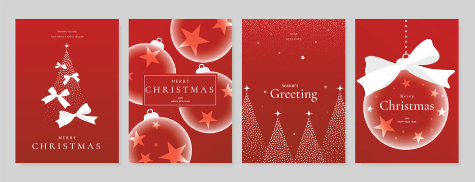 Christmas Luxury Red and white happy holiday invitation card design vector. Christmas tree, snowflake, holly, firework with spot texture on red background. Design illustration for cover, print, poster