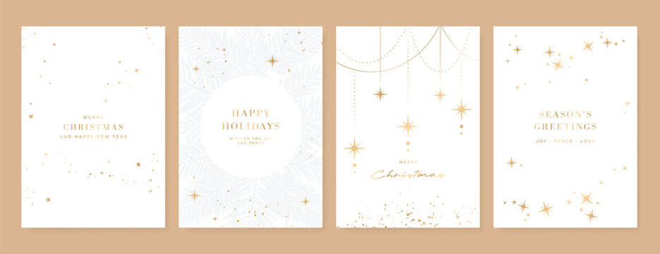 Christmas and Happy New Year card vector. Winter leaves branch, pinecone, bauble, reindeer with gold foil texture on white background. Illustration for cover, print, poster, invitation.