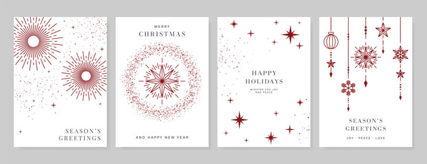 Christmas Luxury Red and white happy holiday invitation card design vector. Christmas tree, snowflake, holly, firework with spot texture on red background. Design illustration for cover, print, poster