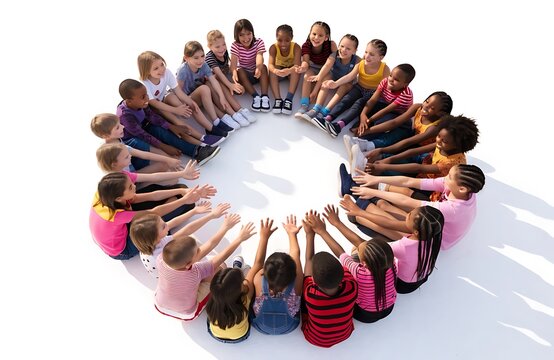 Large group of diverse school children sitting in a circle on the floor holding hands together