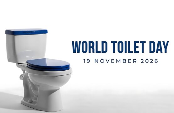 Clean white ceramic toilet bowl with blue seat for world day celebration public health background bathroom sanitation restroom plumbing porcelain wellness cleanliness awareness