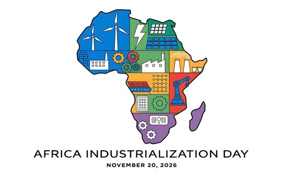 Africa industrialization day conceptual map divided into colorful segments representing manufacturing and green energy sectors with wind turbine solar panel white background continent industrializ