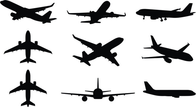 Commercial airplane and passenger jet airliner silhouettes set flying in different angles isolated on white vector background