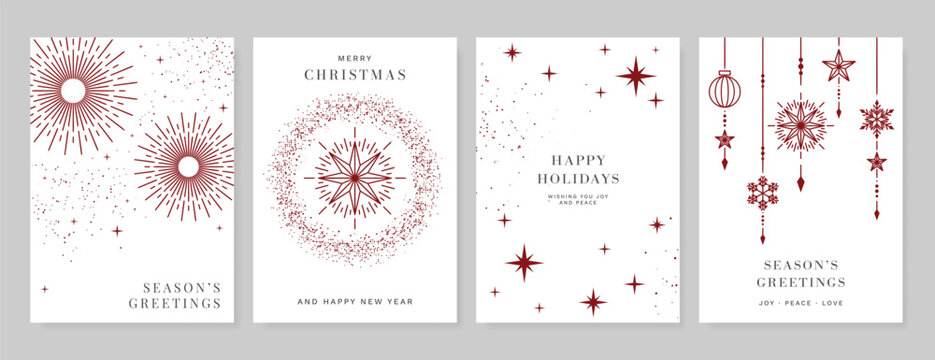 Christmas Luxury Red and white happy holiday invitation card design vector. Christmas tree, snowflake, holly, firework with spot texture on red background. Design illustration for cover, print, poster