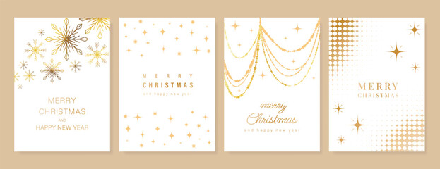 Christmas and Happy New Year card vector. Winter leaves branch, pinecone, bauble, reindeer with gold foil texture on white background. Illustration for cover, print, poster, invitation.