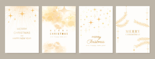 Plakat Christmas and Happy New Year card vector. Winter leaves branch, pinecone, bauble, reindeer with gold foil texture on white background. Illustration for cover, print, poster, invitation.