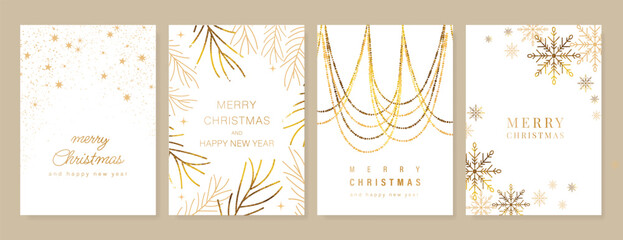 Christmas and Happy New Year card vector. Winter leaves branch, pinecone, bauble, reindeer with gold foil texture on white background. Illustration for cover, print, poster, invitation.