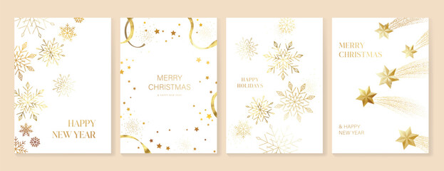 Plakat Christmas and Happy New Year card vector. Winter leaves branch, pinecone, bauble, reindeer with gold foil texture on white background. Illustration for cover, print, poster, invitation.