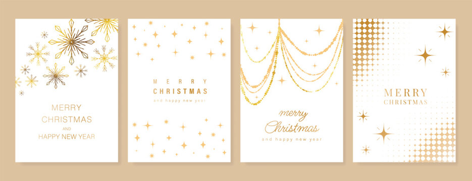 Christmas and Happy New Year card vector. Winter leaves branch, pinecone, bauble, reindeer with gold foil texture on white background. Illustration for cover, print, poster, invitation.