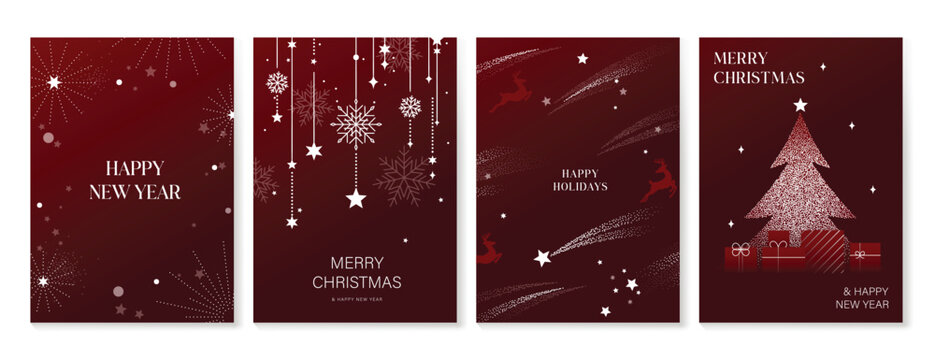 Christmas Luxury Red and white happy holiday invitation card design vector. Christmas tree, snowflake, holly, firework with spot texture on red background. Design illustration for cover, print, poster