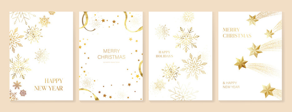 Christmas and Happy New Year card vector. Winter leaves branch, pinecone, bauble, reindeer with gold foil texture on white background. Illustration for cover, print, poster, invitation.