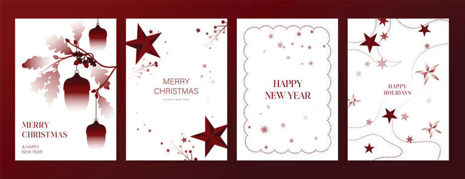 Christmas Luxury Red and white happy holiday invitation card design vector. Christmas tree, snowflake, holly, firework with spot texture on red background. Design illustration for cover, print, poster