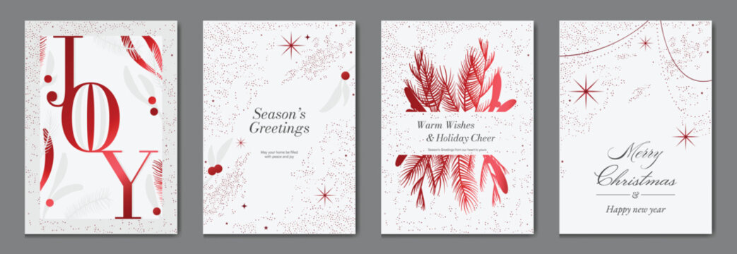 Christmas Luxury Red and white happy holiday invitation card design vector. Christmas tree, snowflake, holly, firework with spot texture on red background. Design illustration for cover, print, poster