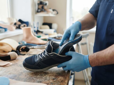 orthotic insole fitting closeup Orthopedic professional fitting a custom insole into a sneaker indoors.
