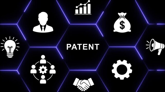 Patent intellectual property legal concept infographic with glowing hexagonal network representing innovation, business strategy, corporate law, invention protection, and rights development