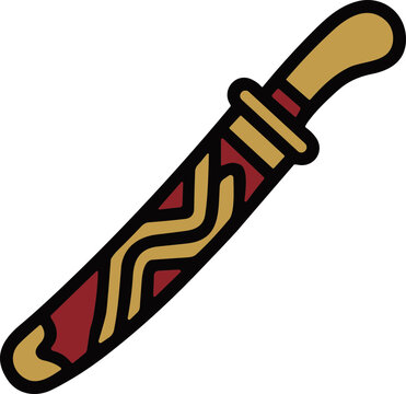 Stylized curved dagger with ornate scabbard, ancient weapon icon, antique dagger illustration