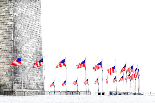 Washington Monument in DC on the Mall with Circle of United States American Flags Representing Patriotism and Freedom