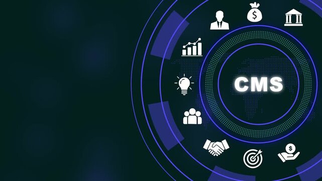 Digital cms management system interface featuring animated global business and data analytics symbols for corporate marketing, web development, software solutions, and modern tech presentations